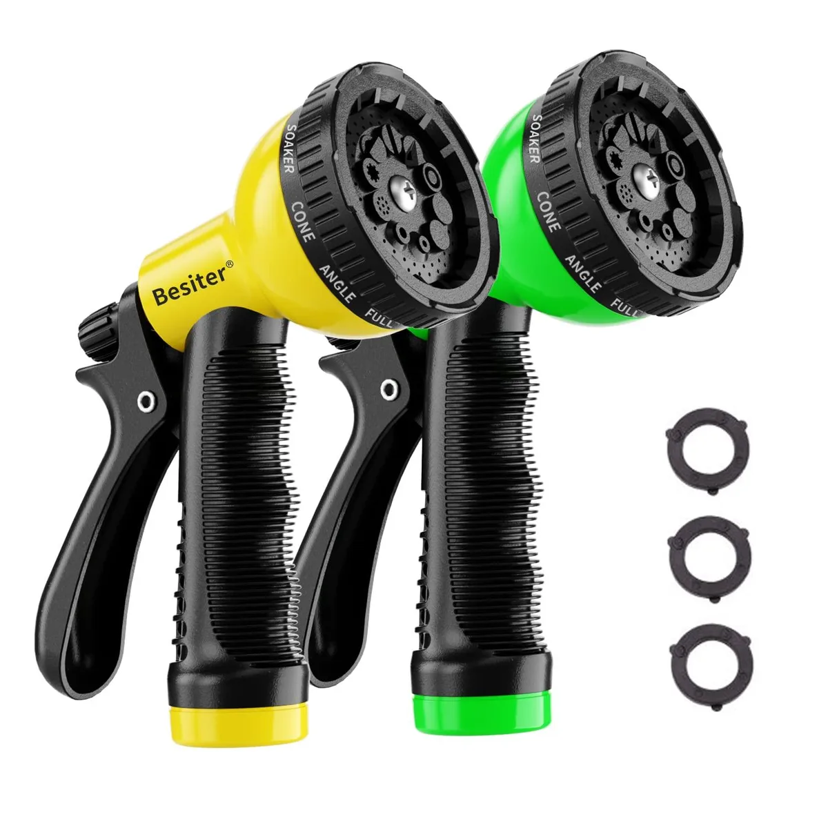 Two yellow-green hose nozzles with pattern dials and ergonomic grips