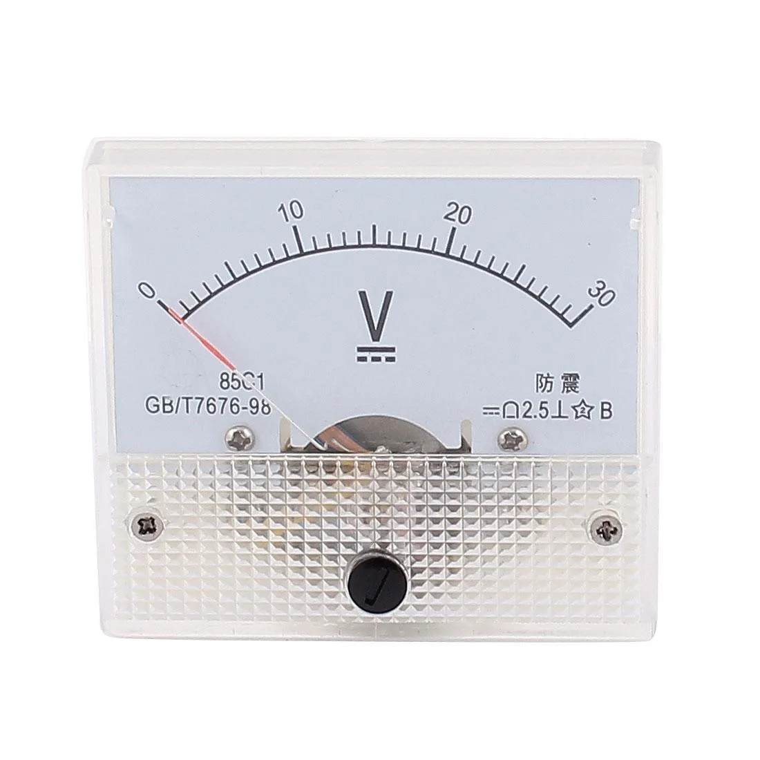 White rectangular analog panel voltmeter with black scale marked 0-30V and red needle