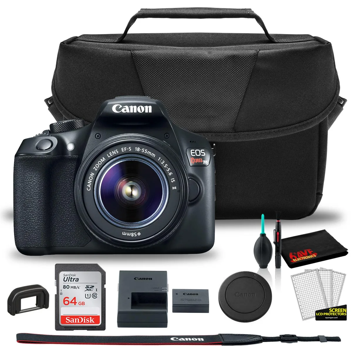 Canon Canon EOS 1300D DSLR Camera with 18-55mm Lens + EOS Bag + Sandisk Ultra 64GB Card + Clean and Care Kit — product photo