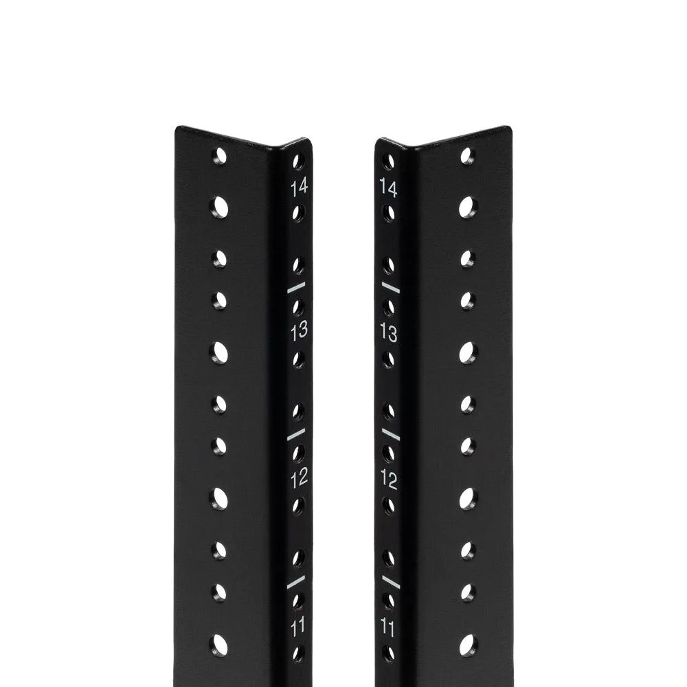 Pair of black 14U vertical rack rails with 12-24 tapped holes and rounded corners