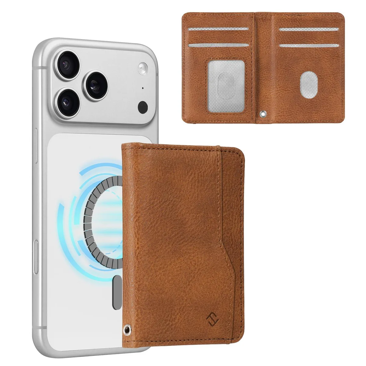 Brown bifold MagSafe wallet in polyurethane with six card slots