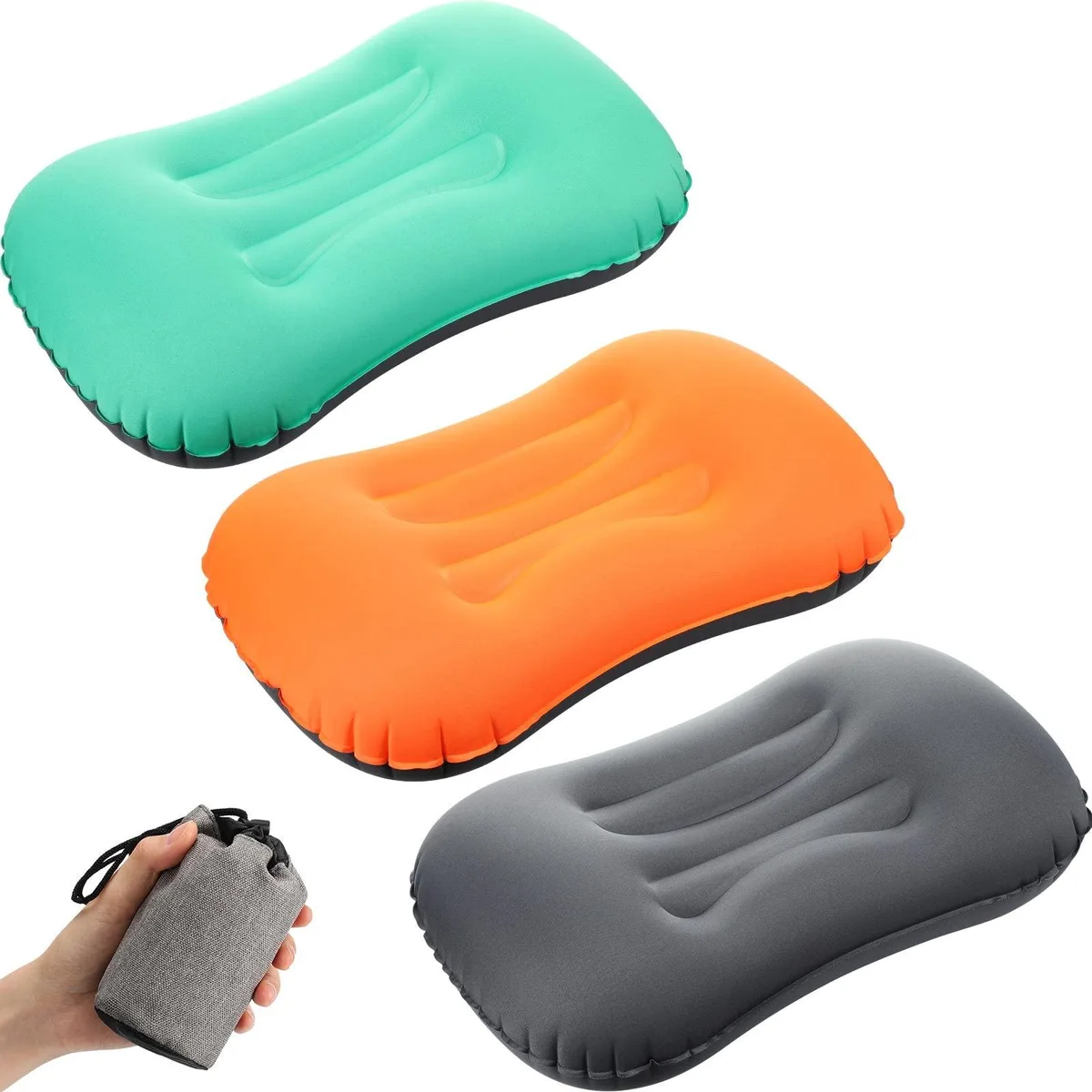 Three rectangular inflatable pillows in dark gray green orange with storage bag