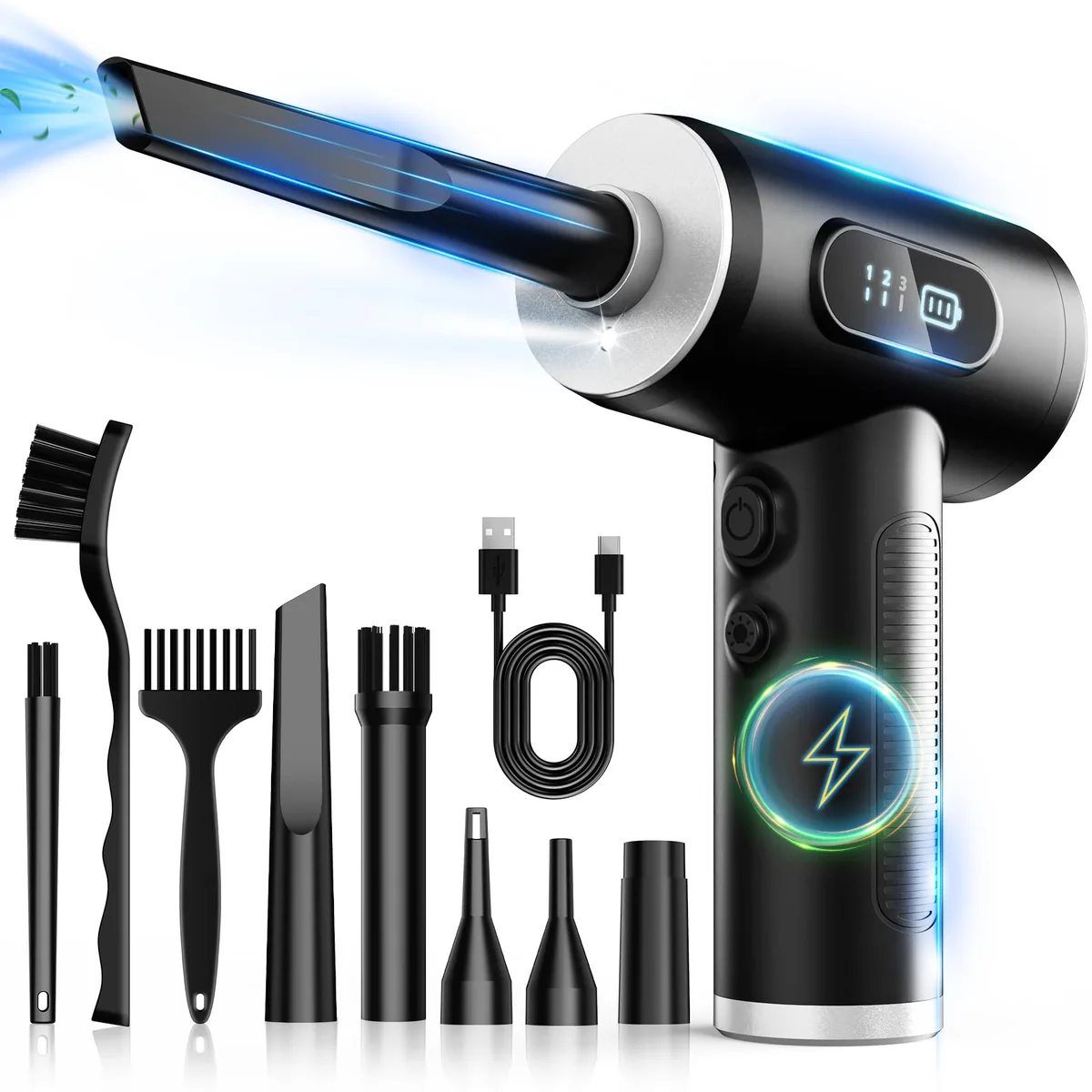 Black cordless electric air duster with LED display and nozzle attachments