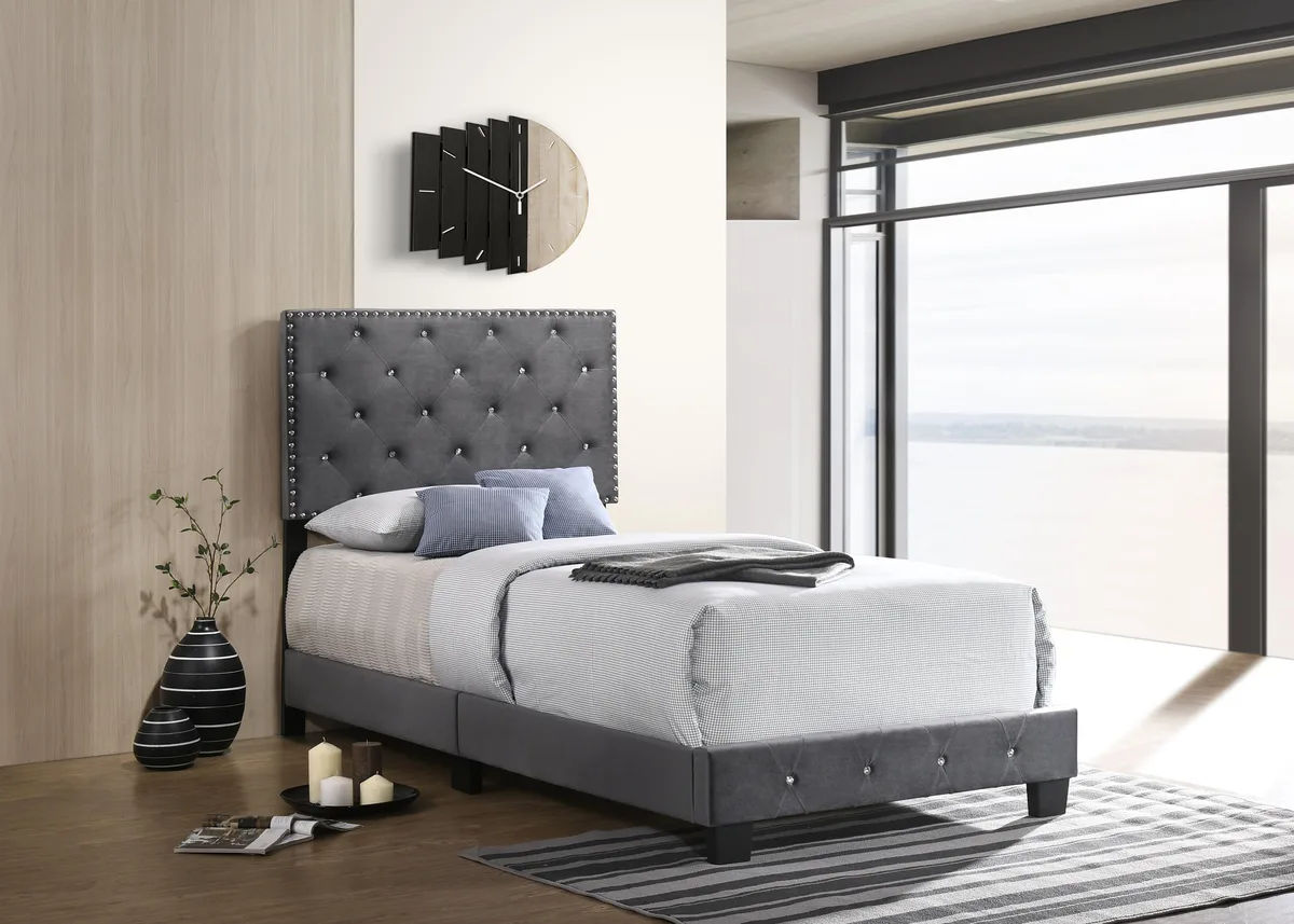Gray velvet twin bed frame with storage drawers, 42W 47H 77D