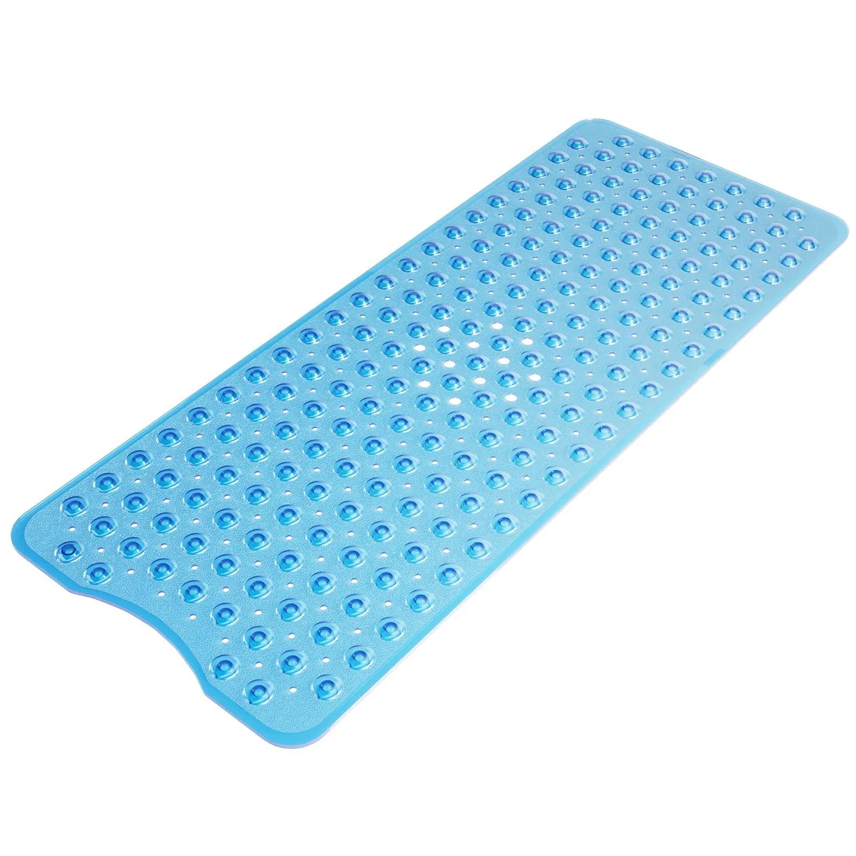 Clear blue rectangular bath mat with suction cups and drain holes