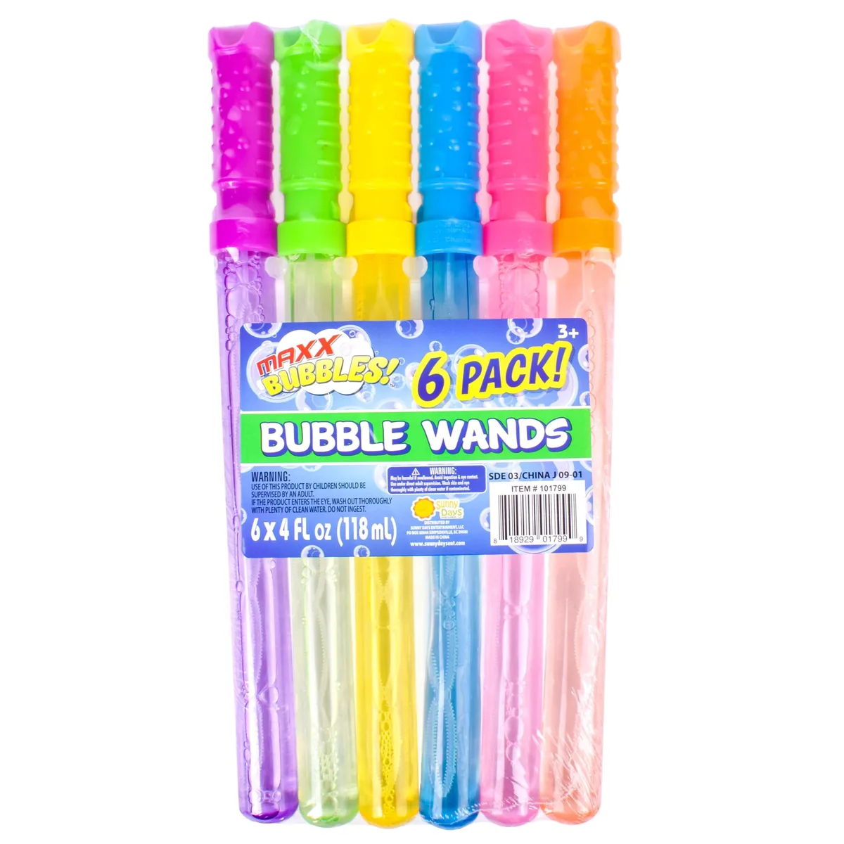 Six plastic bubble wands with 4oz solution bottles in assorted colours