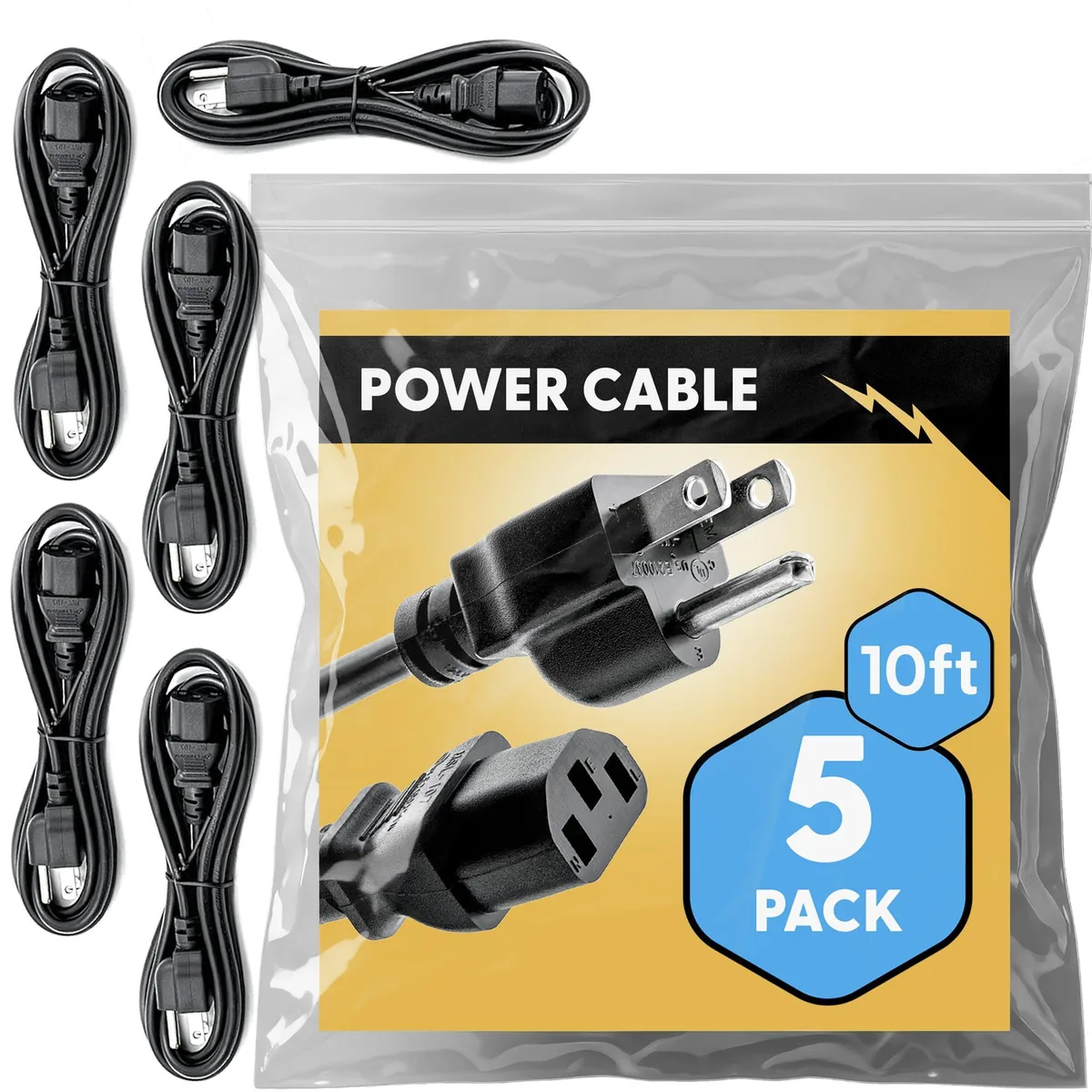 REBUILD SKILLS 18AWG 10ft IEC C13 to NEMA 5-15P Power Cord 5 Pack — product photo