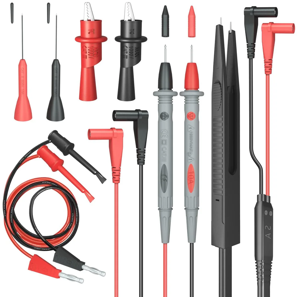 Multimeter test lead set with alligator clips and probes in red and black silicone insulation