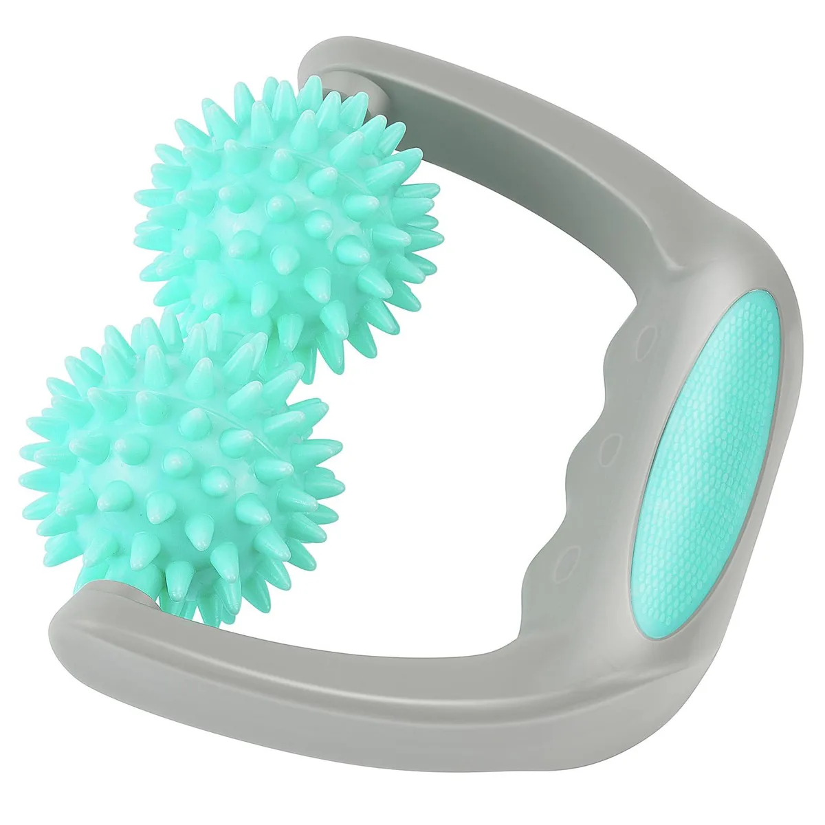 Green plastic mini massage roller with two spiked balls and a non-slip handle