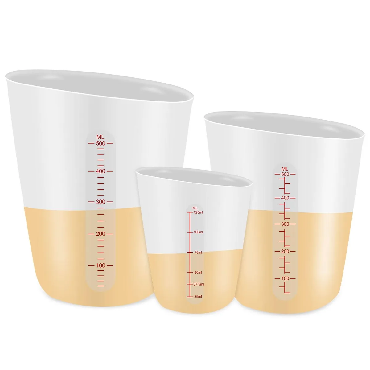 Three white flexible silicone measuring cups with pour spouts and measurement markings