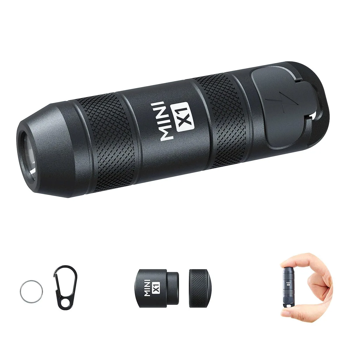 Tiny black aluminium flashlight on a keyring, 52 mm long, USB-C port visible