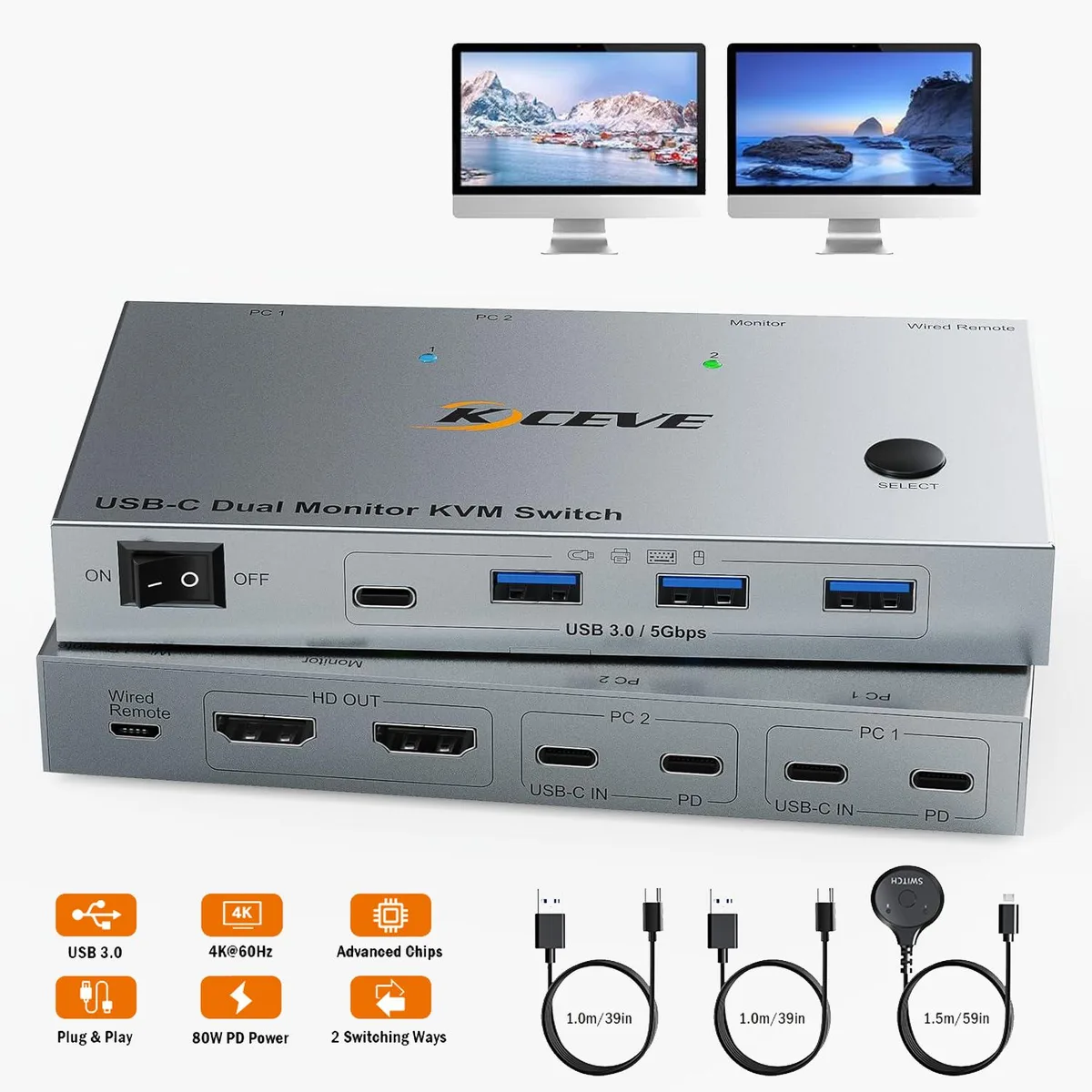 SMA SMA 4K@60Hz Dual Laptop USB-C HDMI KVM Switch with Wired Remote &amp; 2 USB-C 3.1 Cables — product photo