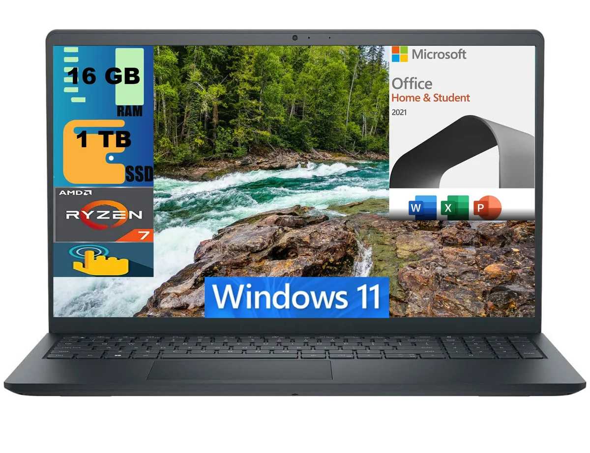 DELL DELL Inspiron 15 laptop Ryzen 7 7730U 16GB 1TB PCIe SSD 15.6" FHD touchscreen Wi-Fi 5 Windows 11 Office — product photo