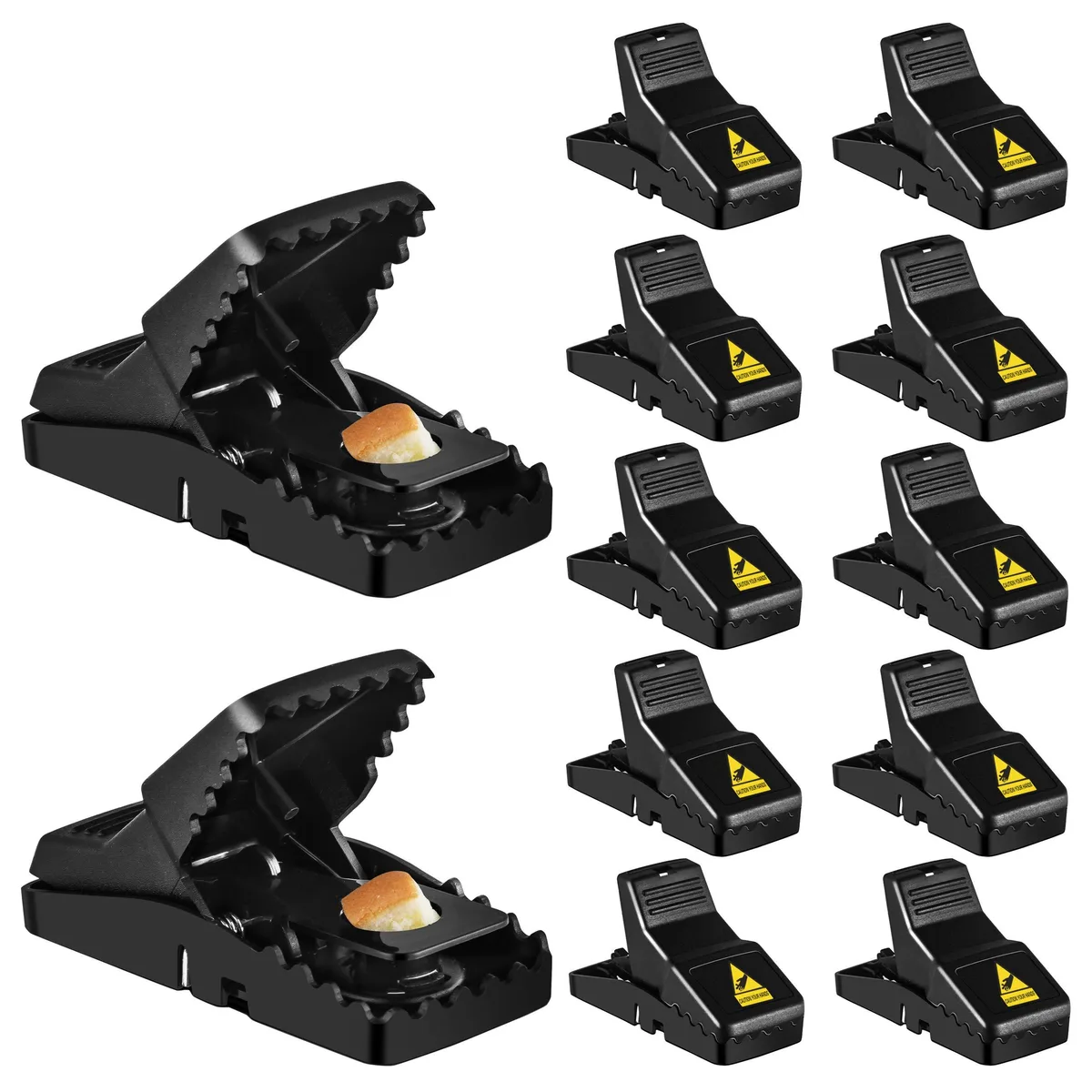 Twelve plastic mouse traps in light grey finish