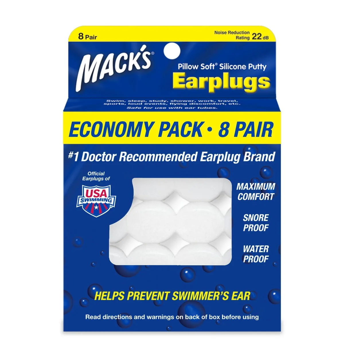 Mack's Putty 7T Silicone Earplugs 16 Pair 22 dB — product photo
