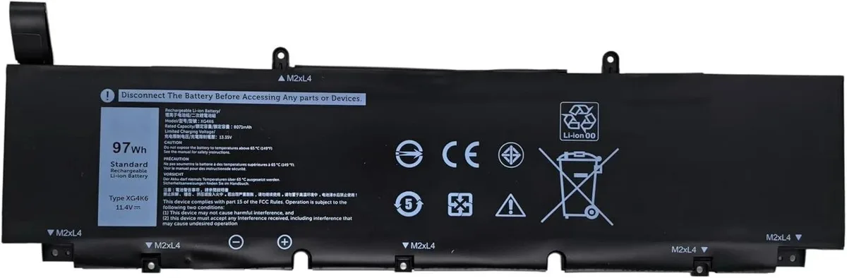 Black rectangular laptop battery with connector pins and label