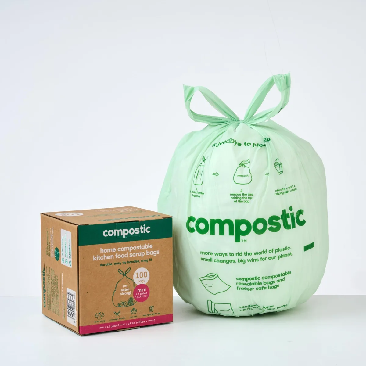 Pack of 100 light green 1.6 gallon compostable bags