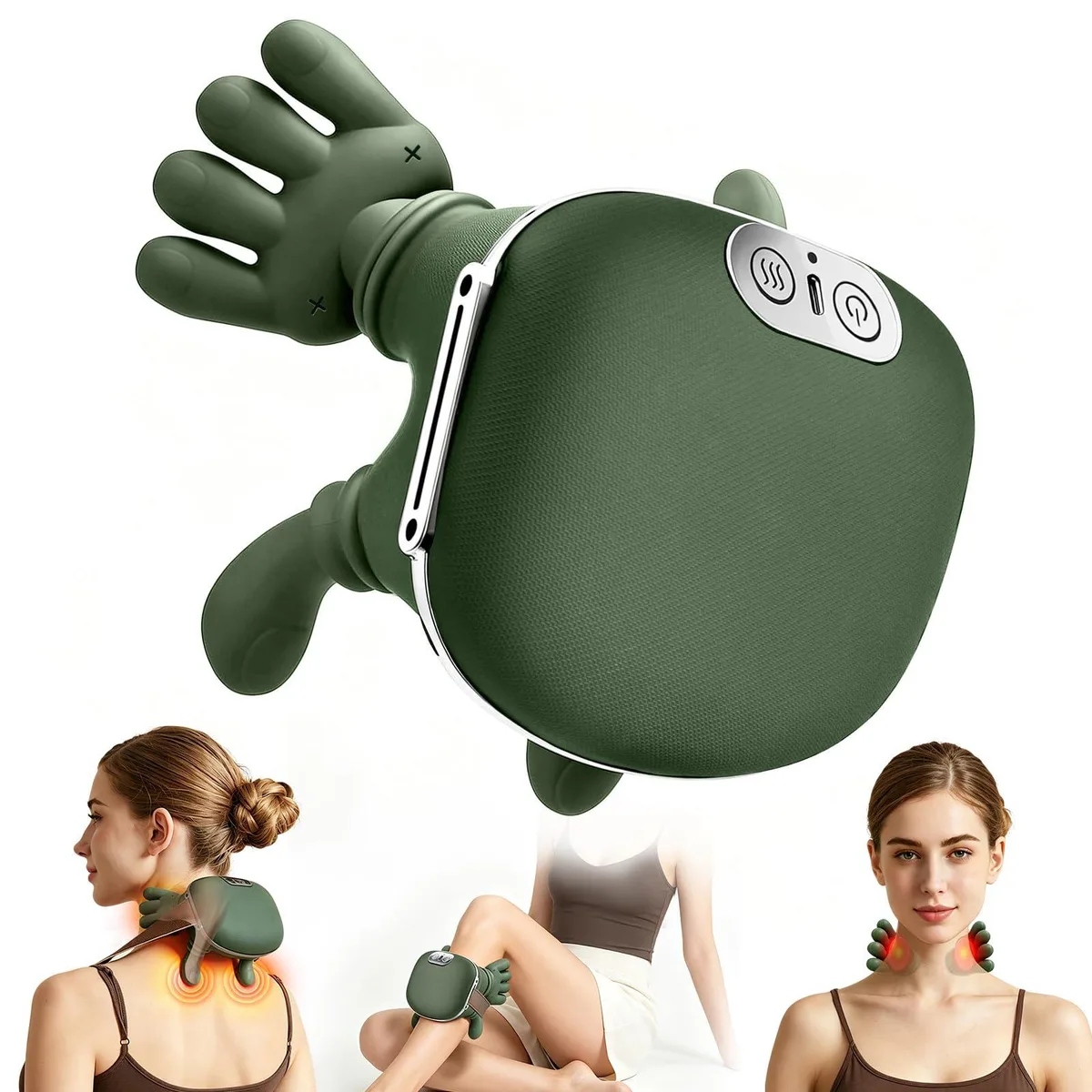 Green U-shaped neck massager with textured kneading nodes and adjustable strap