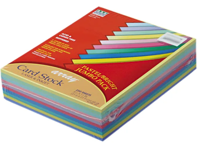 Stack of letter-size card stock in assorted bright and pastel colours, 250 sheets