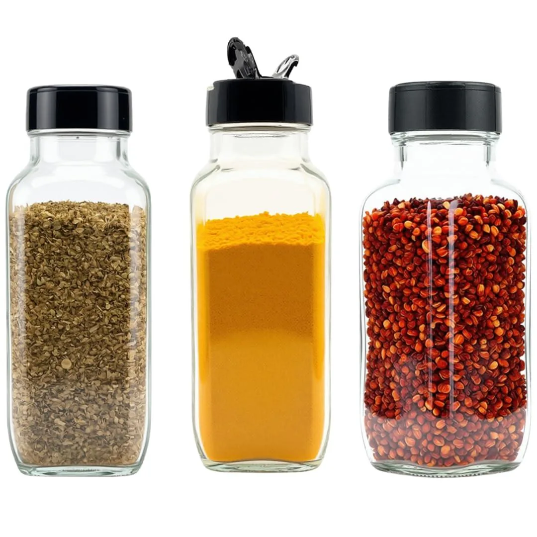 Three red French-square glass jars with shaker lids