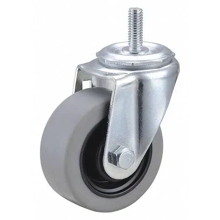 Silver metal caster with black polyurethane wheel and threaded stem