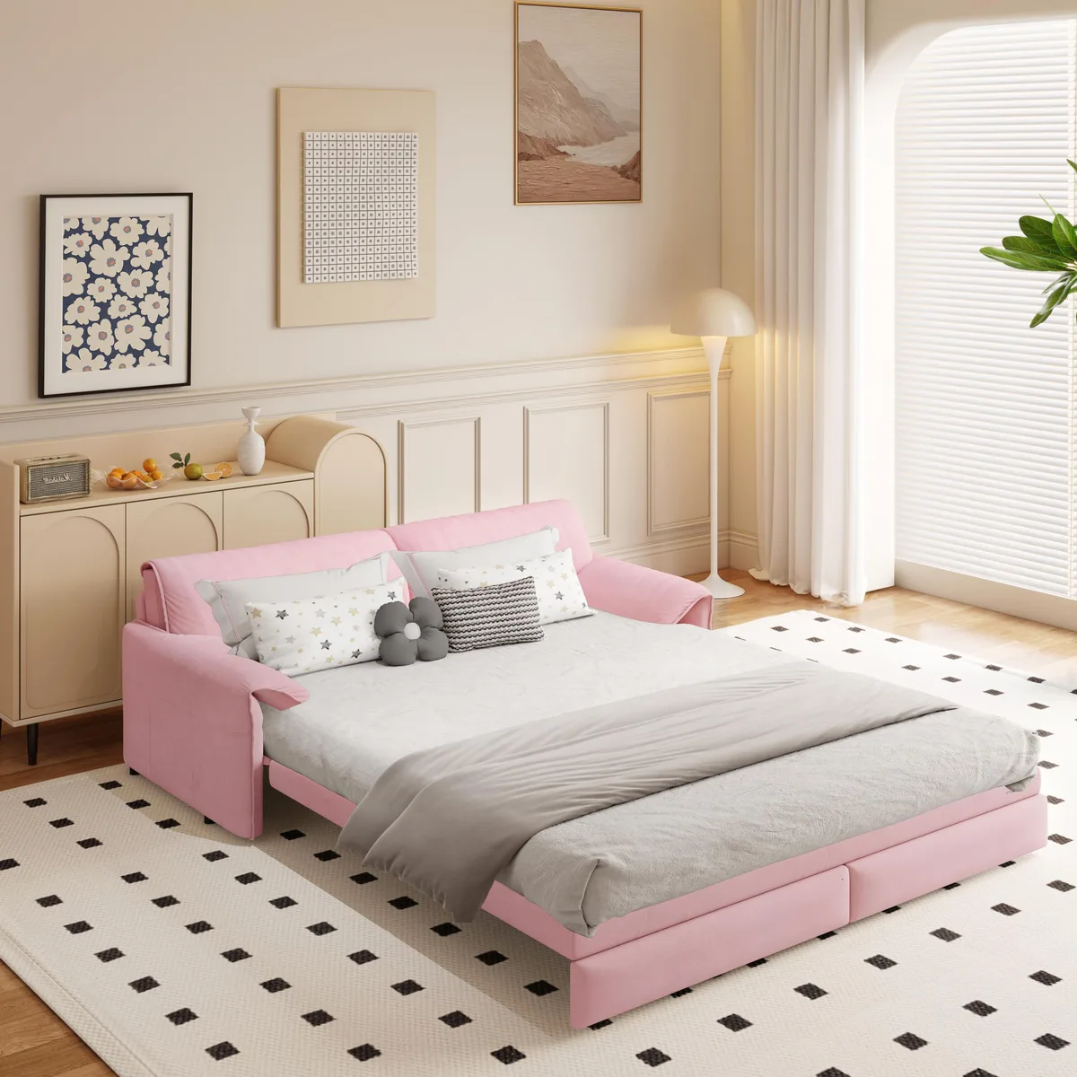 Pink velvet convertible sofa bed with side storage, shown as queen sleeper