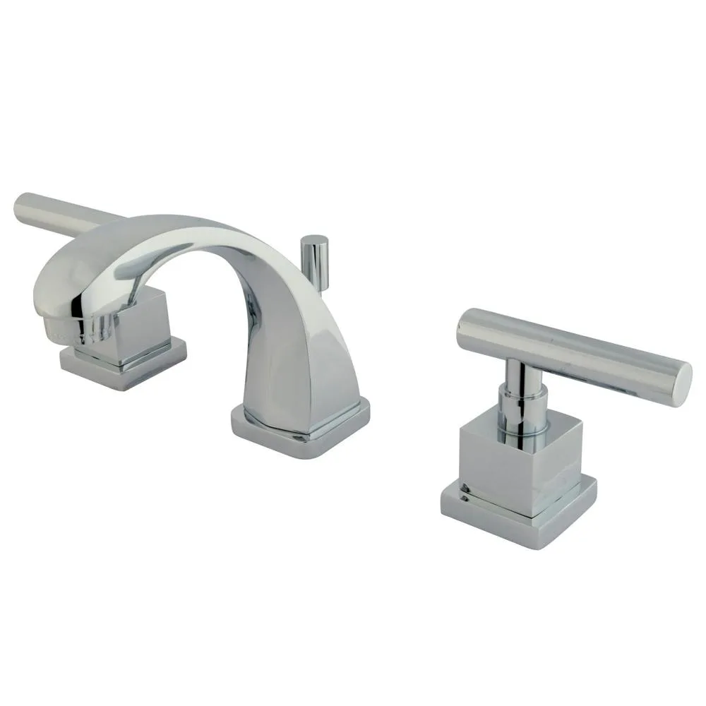 Polished chrome mini widespread faucet with two lever handles and curved spout