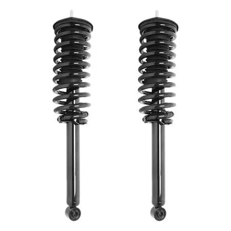 Unity front complete strut assembly kit, pair of silver metal units with black coil springs and top mounts