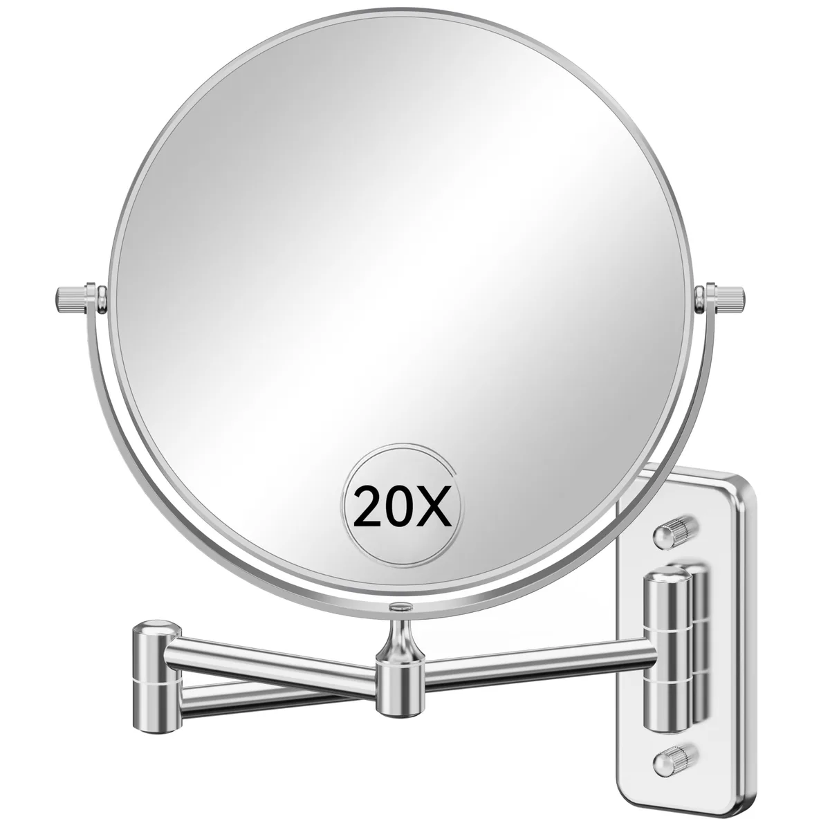 Round silver-finish wall mirror with 13" extendable arm
