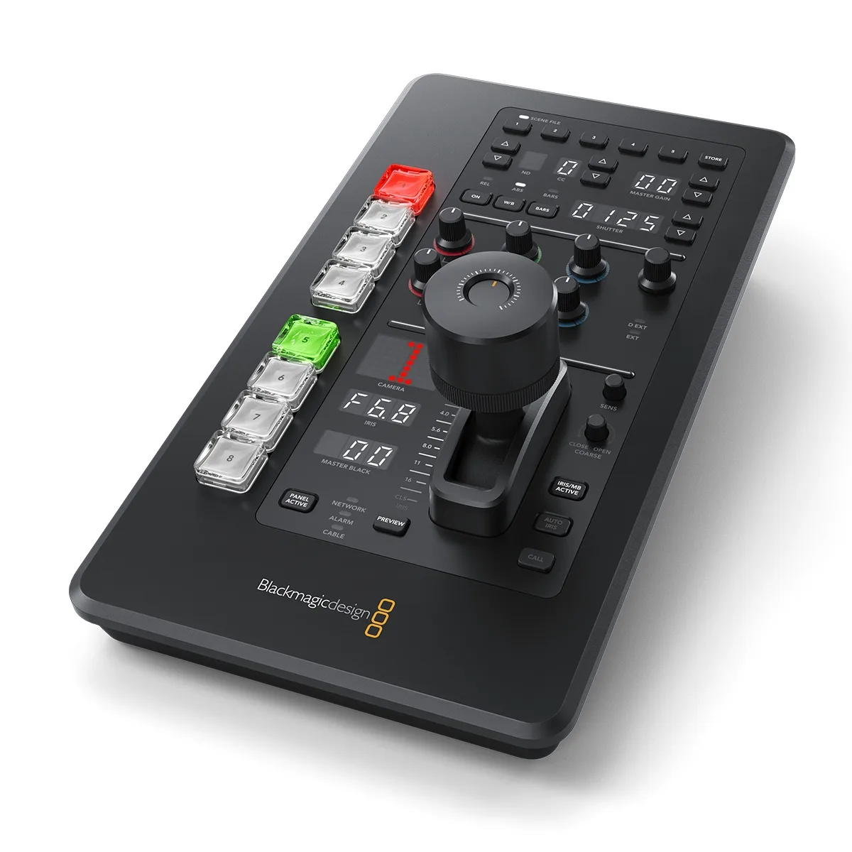 Compact broadcast panel with eight buttons, joystick, display and USB-C port