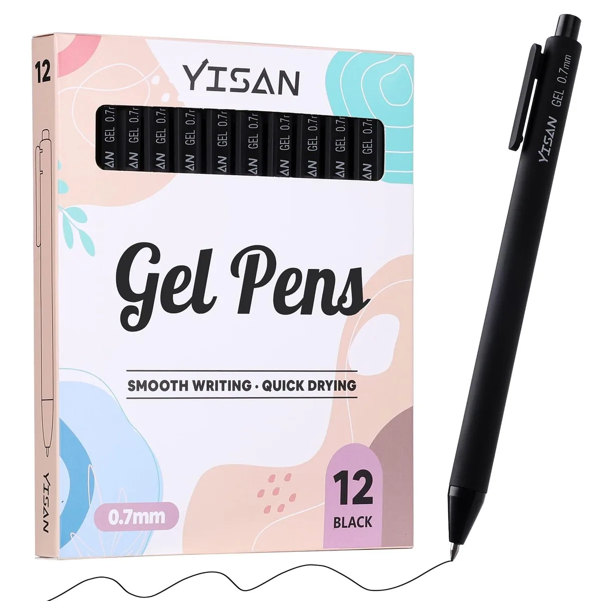 Twelve black retractable gel pens in a pack, 0.7mm bullet tips