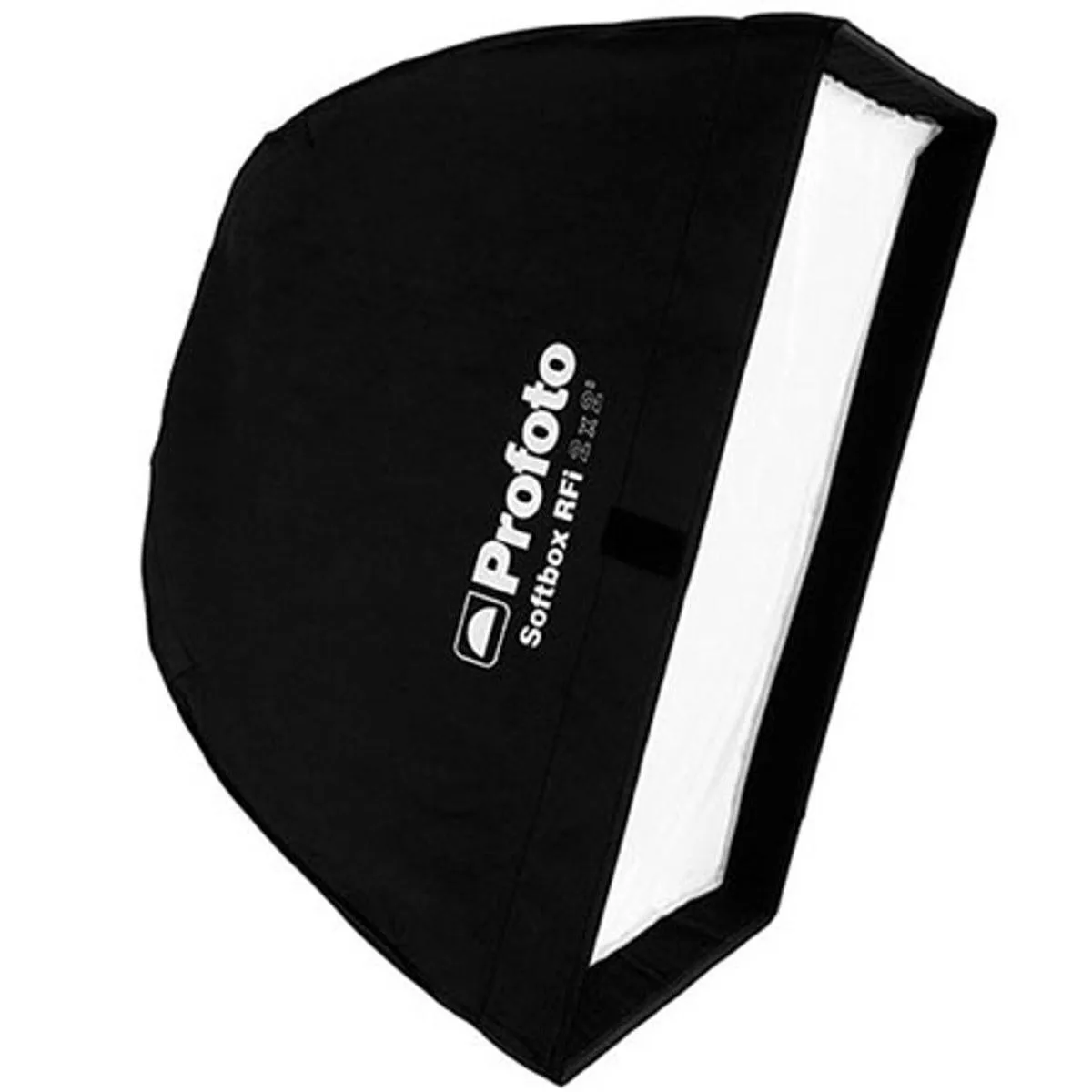 Square softbox with black fabric, silver interior, front diffuser panel and color-coded rods