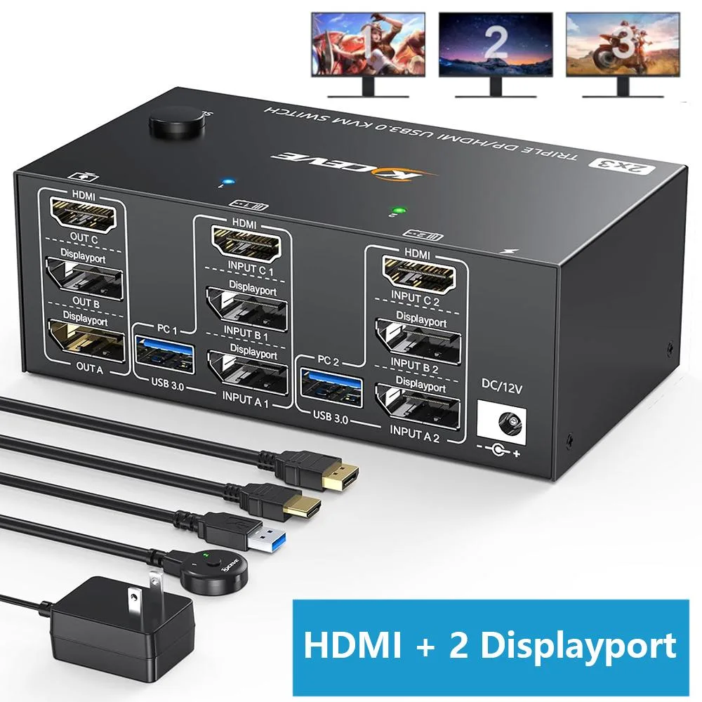 IHDAPP IHDAPP Triple Monitor KVM Switch HDMI 2 DisplayPort 8K60 4K144 2PC 3Mon 4USB 3.0 — product photo