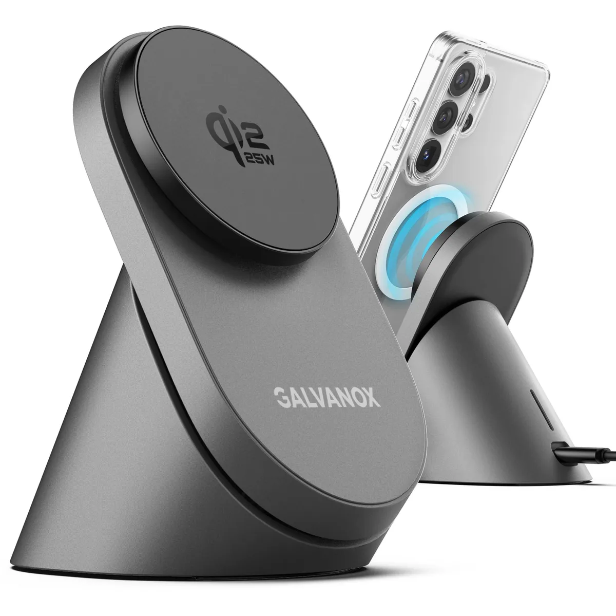 A matte-finish magnetic charging stand with a quiet cooling fan and rubberised base, supplied with a 45W USB-C adapter