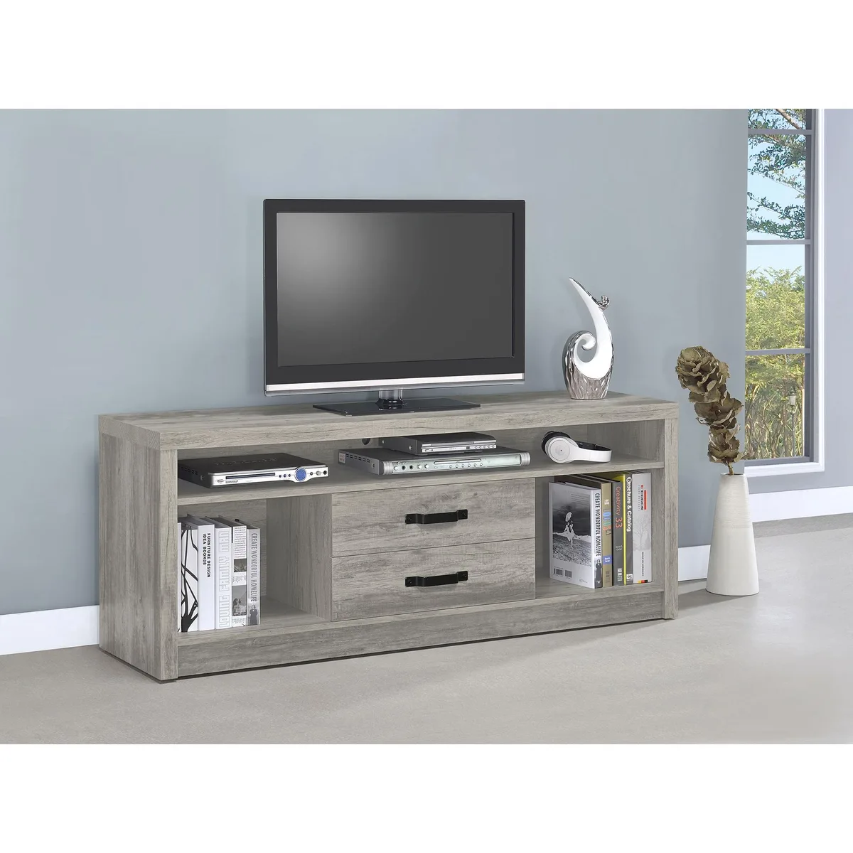 Grey driftwood TV stand with two drawers, rectangular MDF frame