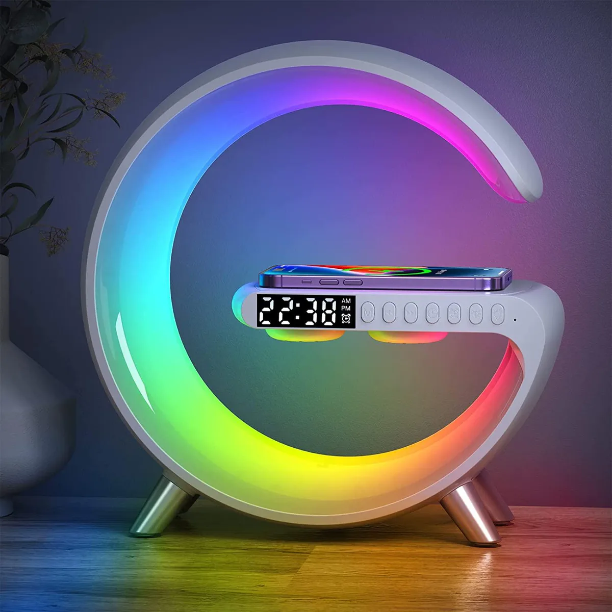 Corn Electronics Corn Electronics 4-in-1 Wireless Charger Lamp Speaker Alarm Clock White 15W — product photo