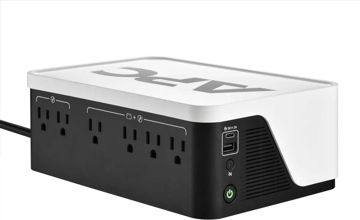 Black rectangular tower UPS with six NEMA outlets and USB-C plus USB-A charging ports