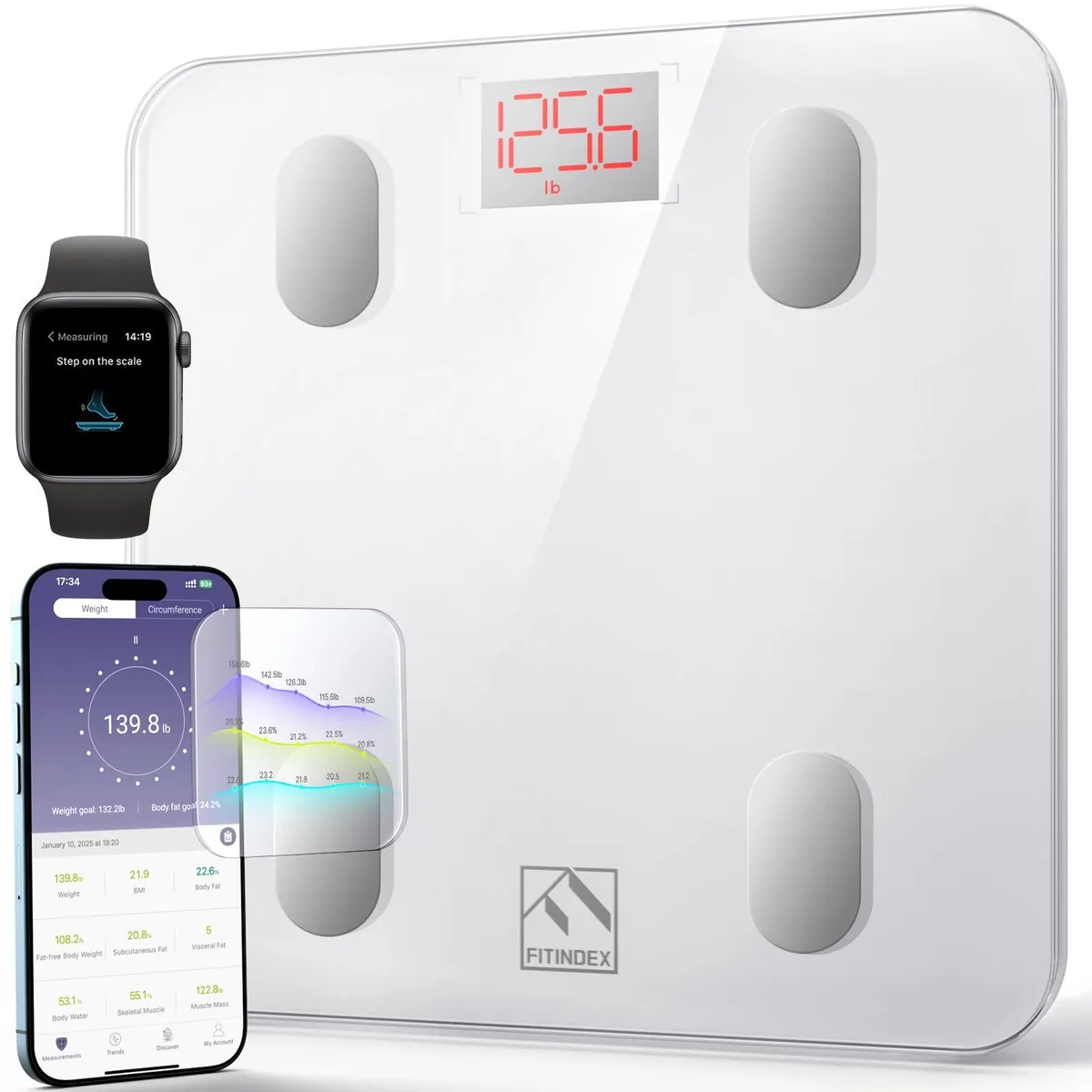 Square white smart scale with blue LED display, 10.2 inches wide