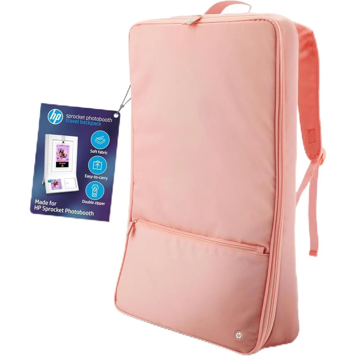 Pink padded fabric backpack with adjustable straps and front zip pocket
