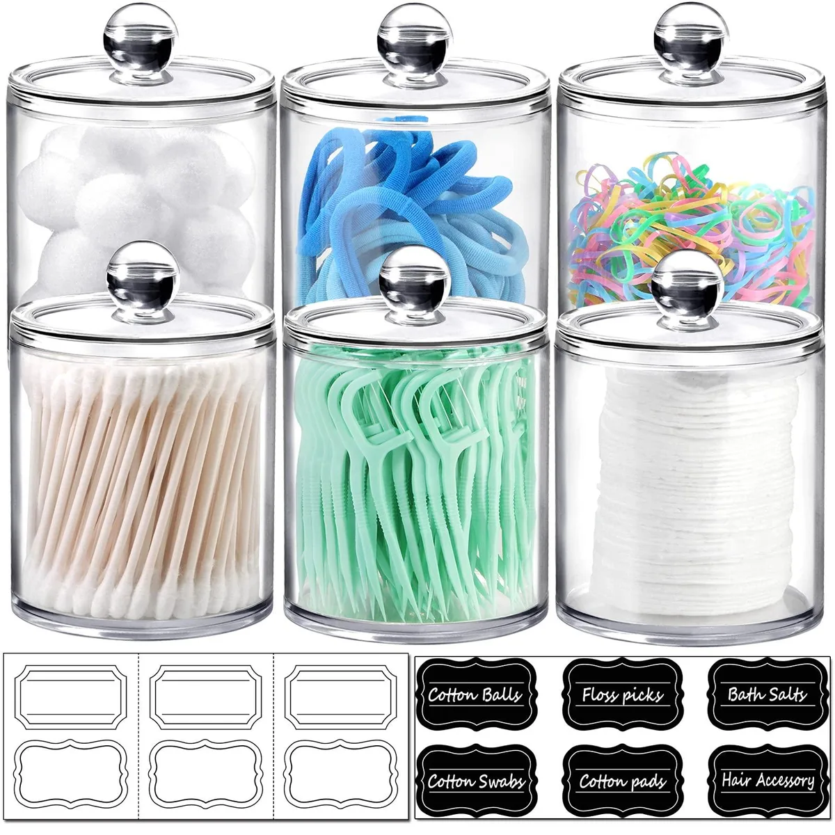Six clear glossy acrylic jars with lids, three 10oz and three 12oz, on a flat surface
