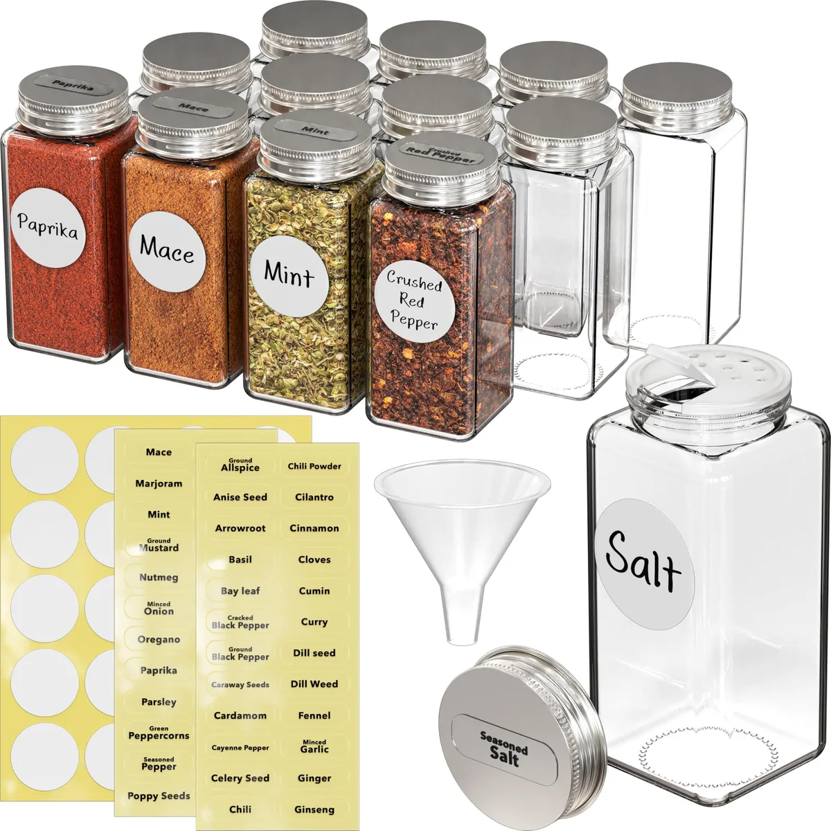 Twelve square glass spice jars with red shaker lids, funnel and labels