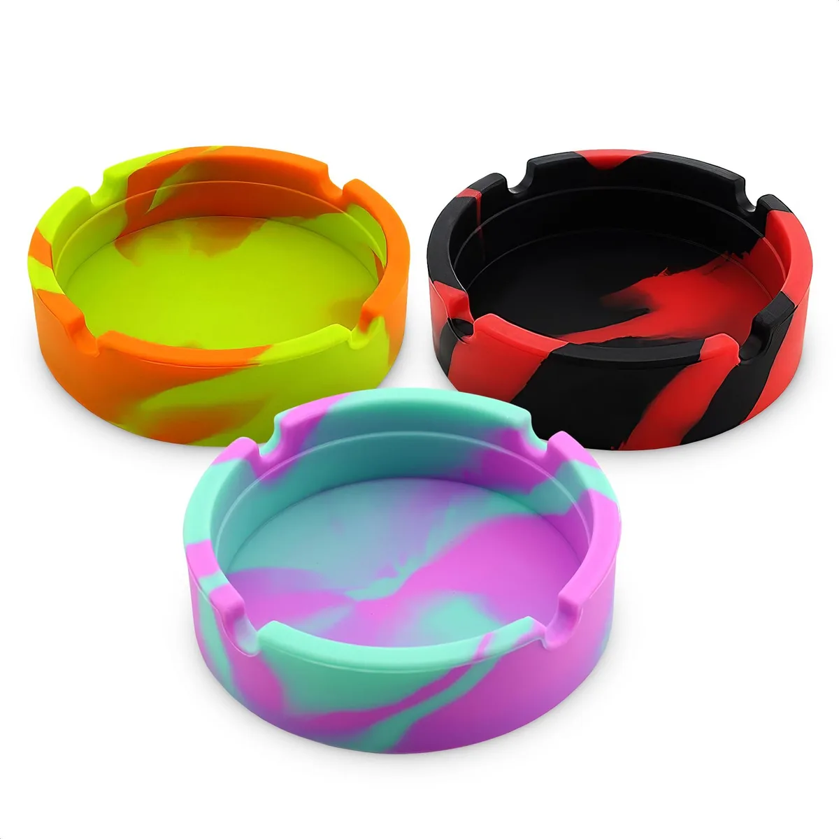 Three small round gold silicone ashtrays side by side