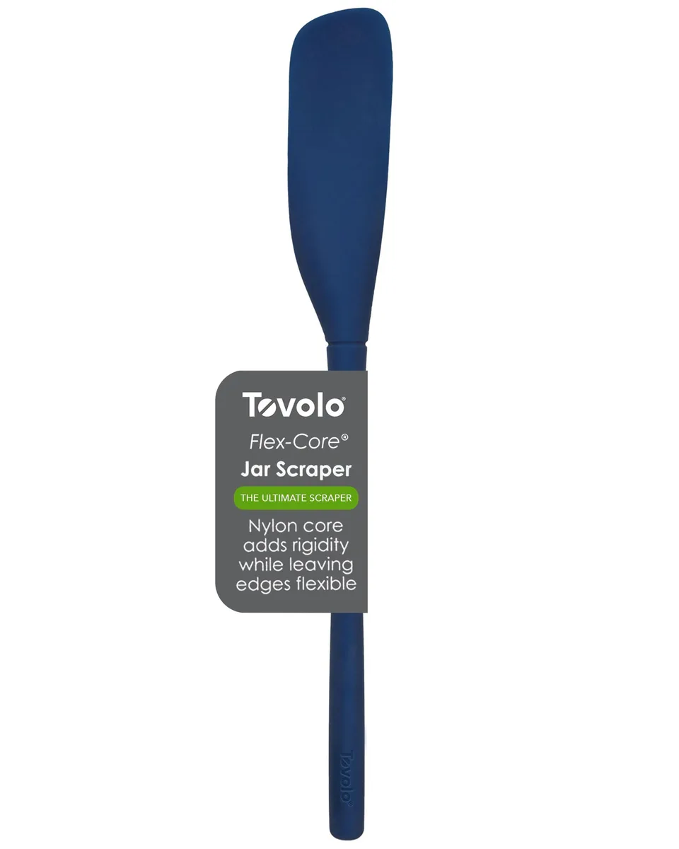 Deep indigo silicone jar spatula, 11.02 inches long, flexible edges, rigid core