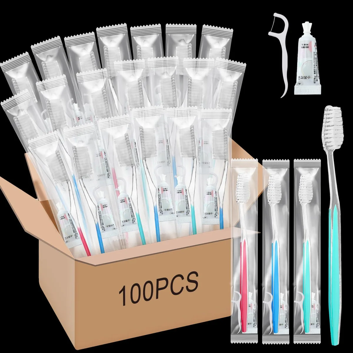 100 individually wrapped blue toothbrush sets with toothpaste and floss in bulk box