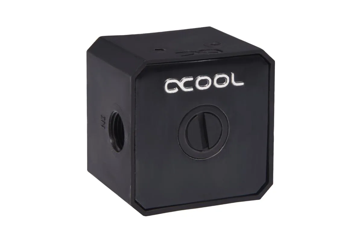 Black compact pump top with three G1/4 ports, 50.62 mm square base, 37.2 mm tall