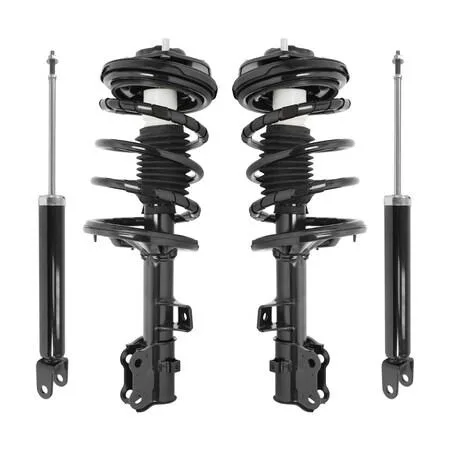 Four silver strut assemblies with black coil springs and mounting hardware