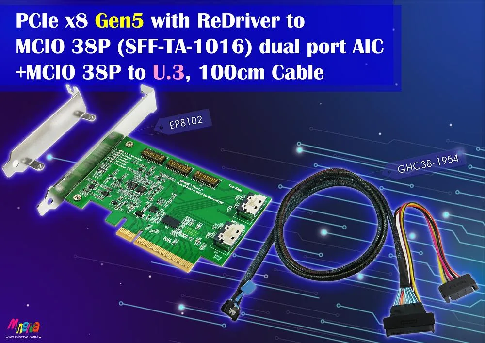 Innocard Innocard EP8102 PCIe Gen5 gender changer MCIO 38P dual port to U.3 100cm cablex2pcs — product photo