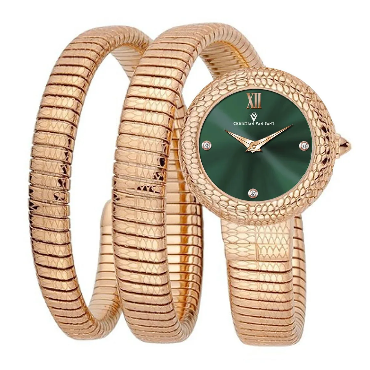 Stainless steel watch with green dial and metal bracelet
