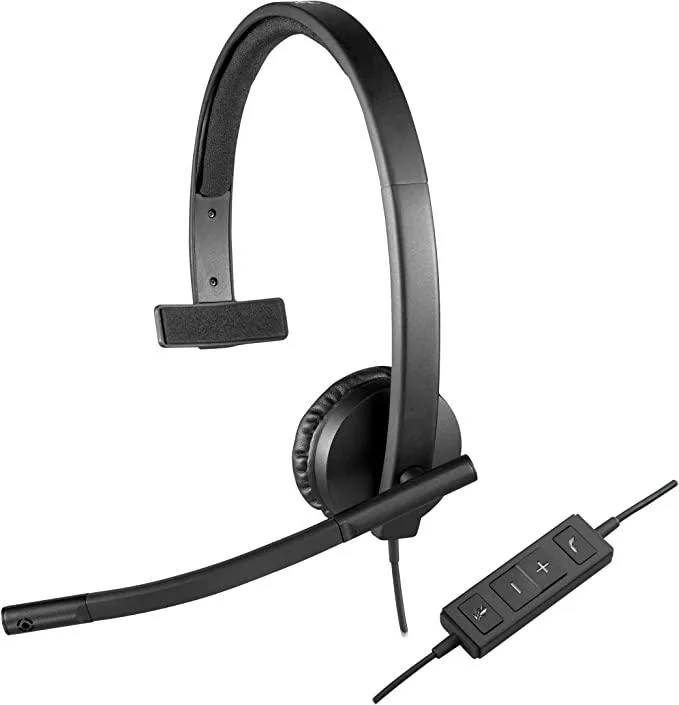 Black single-ear USB headset with padded on-ear cup, adjustable headband and noise-cancelling boom mic