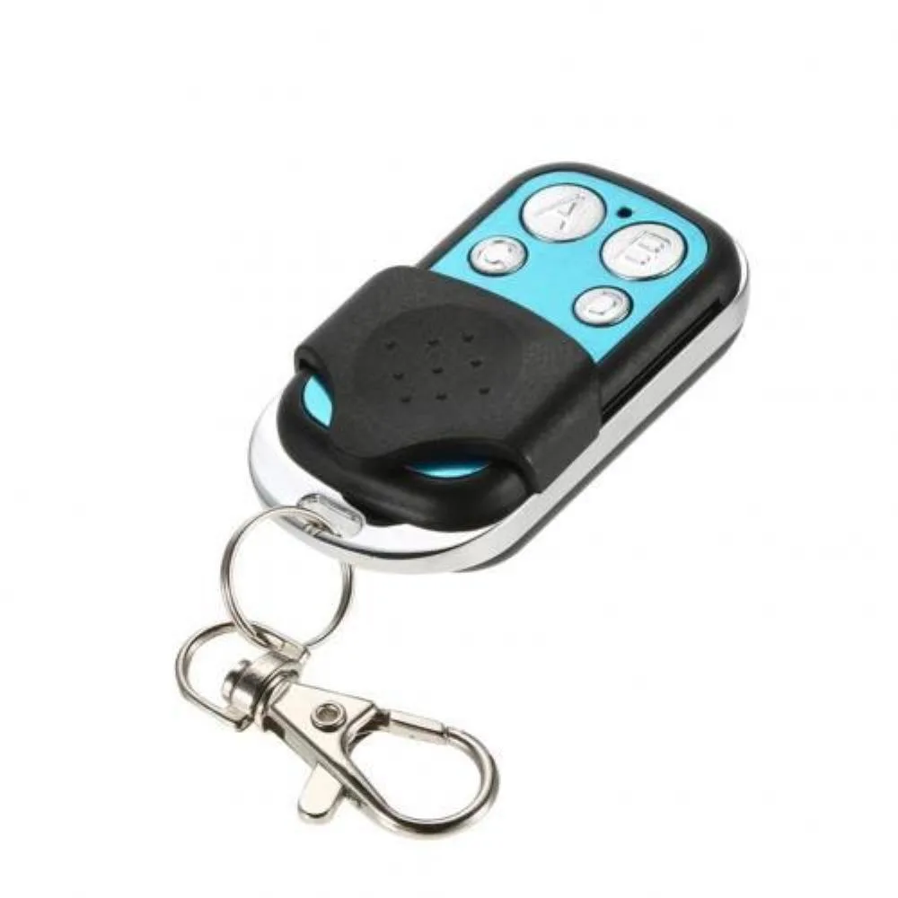 Small black ABS rectangular RF remote with four buttons and a 12 V 27 A battery included